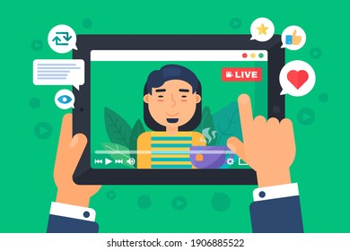 Asian male web streamer concept illustration. Indian guy vlogger recording online live stream. Tablet screen in hands semi flat cartoon drawing. Vector isolated color icon