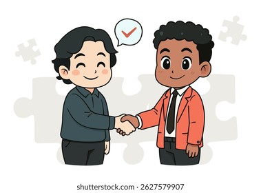 An Asian man and an African man shaking hands because they agree on business in a cute cartoon style