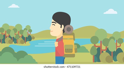 An asian man with backpack enjoying the view of landscape with mountains and lake. Vector flat design illustration. Horizontal layout.