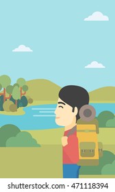 An asian man with backpack enjoying the view of landscape with mountains and lake. Vector flat design illustration. Vertical layout.