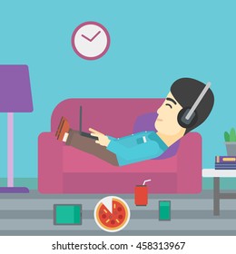 An asian man with belly relaxing on a sofa with many gadgets. Man lying on a sofa surrounded by gadgets. Man using gadgets at home. Vector flat design illustration. Square layout.
