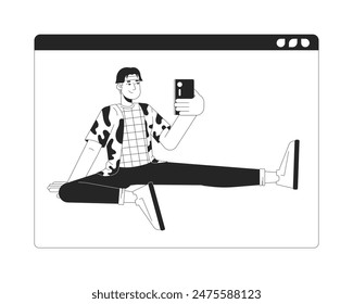 Hombre asiático blogger con smartphone blanco y negro 2D línea de personaje de dibujos animados. Hombre japonés feliz que conduce la transmisión aislada del contorno del Vector persona. Ilustración monocromática de punto plano de medios sociales