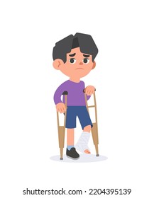 An Asian man broke his leg in an accident, put on casts, bandaged wounds and used crutches and was treated. illustration vector cartoon character design on white background. Medical concept.