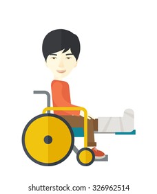 An Asian man with broken leg siting in the wheelchair vector flat design illustration isolated on white background. Vertical layout.
