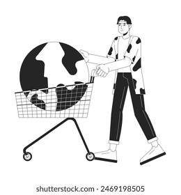 Asian man buying whole world 2D linear illustration concept. Korean male buyer with shopping cart cartoon outline character isolated on white. Overconsumption metaphor monochrome vector art