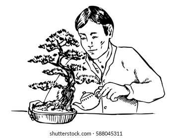 Asian man carefully watering bonsai, hand drawn doodle, sketch in pop art style, vector illustration
