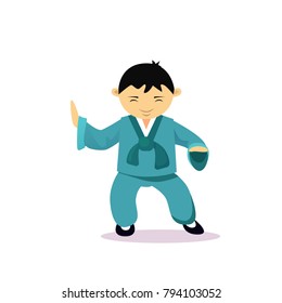 Asian Man Cartton Character Wearing Traditional Clothes Kimono Isolated Over White Background Flat Vector Illustration
