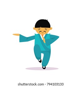 Asian Man Cartton Character Wearing Traditional Clothes Kimono Showing Martial Arts Isolated Over White Background Flat Vector Illustration