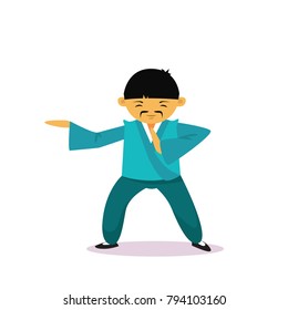 Asian Man Cartton Character Wearing Traditional Clothes Kimono Showing Martial Arts Isolated Over White Background Flat Vector Illustration