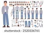 Asian man character constructor. Set of different body, arm and leg positions for animation and creating your own illustrations. DIY kit. Vector illustration in flat style