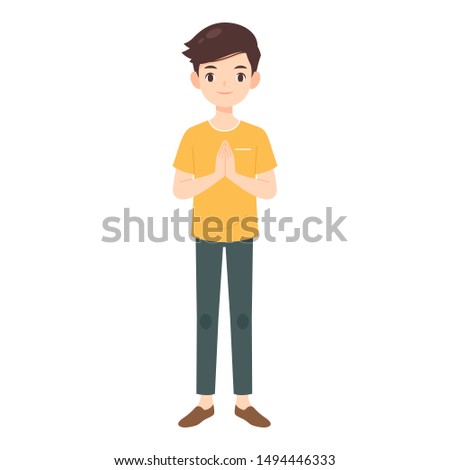 asian man character in pay respect pose, flat cartoon vector illustration, 