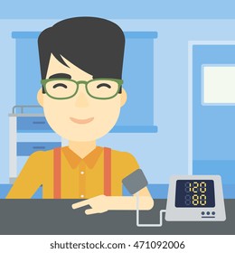 An asian man checking his blood pressure with digital blood pressure meter. Man taking care of his health and measuring blood pressure in hospital room. Vector flat design illustration. Square layout.