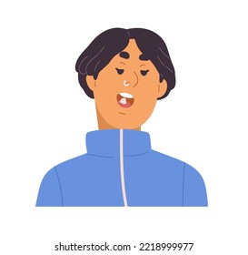 Asian man chewing bubble gum with open mouth. Modern guy eating bubblegum while talking. Cool trendy korean male character face portrait. Flat vector illustration isolated on white background