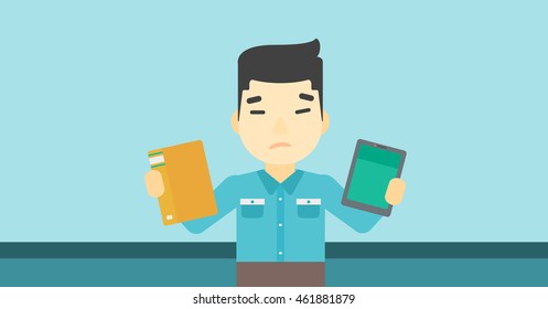 Ein asiatischer Mann, der zwischen einem Tablet-Computer und einem Papierbuch wählt. Mann, der Buch in der einen Hand und Tablet-Computer in der anderen hält. Vektorflache Design-Illustration. Horizontales Layout.