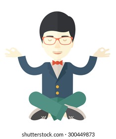 An asian man closing his eyes thinking about on how the business will grow. Business concept. A Contemporary style. Vector flat design illustration isolated white background. Square layout.