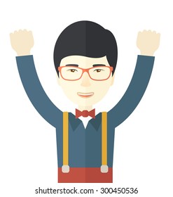 An asian man closing his eyes thinking about on how the business will grow. Business concept. A Contemporary style. Vector flat design illustration isolated white background. Square layout.