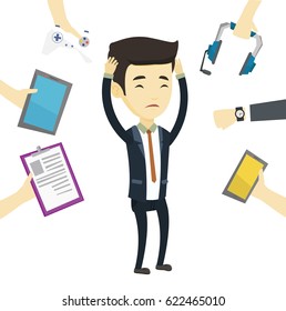 Asian man clutching head and many hands with gadgets around him. Man in despair surrounded with gadgets. Man using many electronic gadgets. Vector flat design illustration isolated on white background