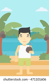 An asian man with a coconut cocktail on the beach. Man drinking a coconut cocktail on the beach. Man enjoying his vacation. Vector flat design illustration. Vertical layout.