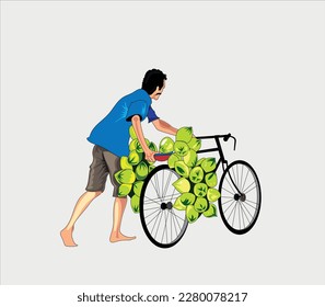 Asian man coconut selling on cycle vector illustration