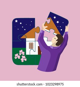 An asian man collects puzzle an image of a house