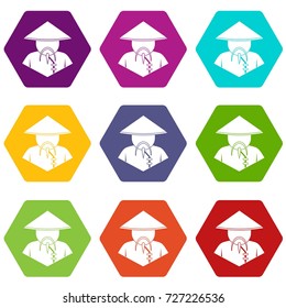Asian man in conical hat icon set many color hexahedron isolated on white vector illustration