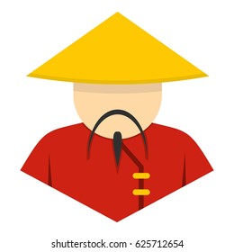 Asian man in conical, straw hat icon flat isolated on white background vector illustration