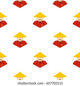 Asian man in conical, straw hat pattern seamless background in flat style repeat vector illustration
