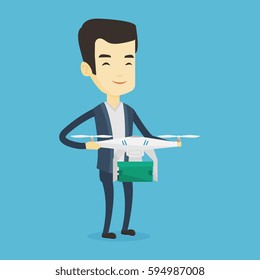 Asian man controlling delivery drone with post package. Young man getting post package from delivery drone. Man sending parcel with delivery drone. Vector flat design illustration. Square layout.