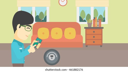 Ein asiatischer Mann, der Roboter-Staubsauger kontrolliert, mit seinem Smartphone im Wohnzimmer. Vektorflache Design-Illustration. Horizontales Layout.