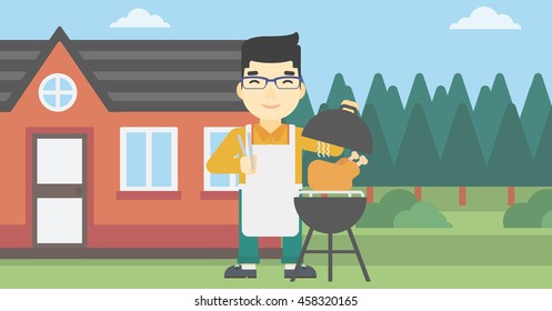 An asian man cooking chicken on barbecue grill in the backyard. Man having a barbecue party. Man preparing chicken on grill. Vector flat design illustration. Horizontal layout.