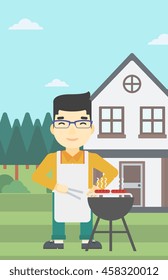 An asian man cooking meat on the barbecue grill in the backyard. Man preparing food on the barbecue grill. Man having outdoor barbecue. Vector flat design illustration. Vertical layout.