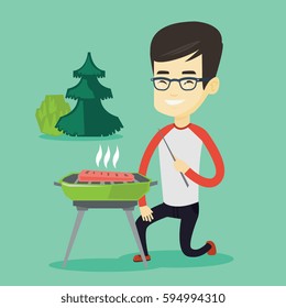 Asian man cooking steak on barbecue grill outdoors. Young man sitting next to barbecue grill in the park. Smiling man having a barbecue party. Vector flat design illustration. Square layout.