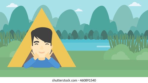 An asian man crawling out from a camping tent. Man with his hands on cheek lying in camping tent and relaxing. Vector flat design illustration. Horizontal layout.