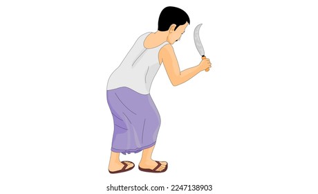 An Asian man cutting something with a hand cutter - illustration