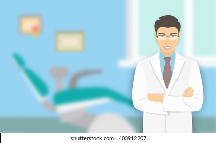 Asian man dentist at a dental office in front of a chair. Vector flat illustration. Smiling friendly doctor stomatologist in clinic. Adult people characters occupation cartoon background 