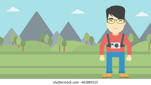 An asian man with a digital camera on his chest. Tourist with a digital camera standing on the background of mountains. Vector flat design illustration. Horizontal layout.