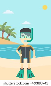 An asian man in diving suit, flippers, mask and tube standing on the beach. Male scuba diver on the beach. Man enjoying snorkeling. Vector flat design illustration. Vertical layout.