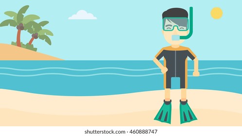 An asian man in diving suit, flippers, mask and tube standing on the beach. Male scuba diver on the beach. Man enjoying snorkeling. Vector flat design illustration. Horizontal layout.