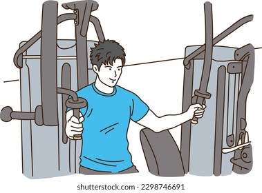 Hombre asiático haciendo ejercicio físico superior en máquina de gimnasia
