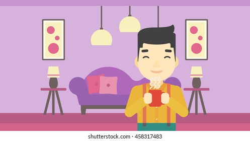 An asian man drinking hot flavored coffee. Young smiling man with cup of coffee. Man enjoying coffee at home. Vector flat design illustration. Horizontal layout.