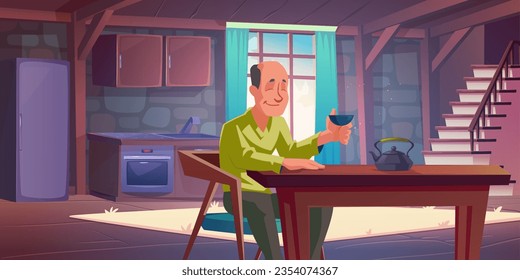Asian man drinking tea in morning kitchen. Vector cartoon illustration of dining room interior with old furniture, male character sitting at table with cup in hand and smiling, having breakfast alone