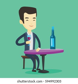 Asian man drinking wine at restaurant. Adult man sitting at the table with glass and bottle of wine. Cheerful man enjoying a drink at wine bar. Vector flat design illustration. Square layout.