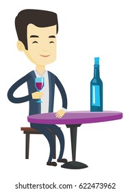 Asian man drinking wine at restaurant. Man sitting at the table with glass and bottle of wine. Cheerful man enjoying a drink at wine bar. Vector flat design illustration isolated on white background.