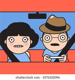 Asian Man Driver With His Wife Playing On A Mobile Phone While Driving car Scared Shocked Before Crash Or Accident Concept Card Character illustration