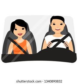 Asian man driver with woman passenger. Guy driving. Seat belt, front window view. Couple, husband and wife.  Eps 10 vector illustration