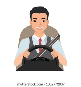 Asian Man Driving A Car. Man Clothing In Casual Cloth