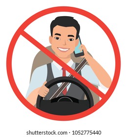 asian man driving a car talking on the phone. sign stop danger