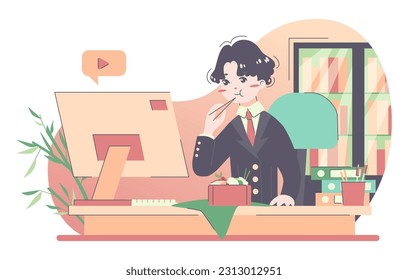 Asian man eating food at office desk. Busy clerk working oncomputer during lunch. Japanese man having bento meal in the workplace. Flat vector illustration