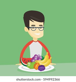 Asian man eating fresh healthy fruits. Young friendly man standing in front of table woth fresh fruits. Smiling man with plate full of fruits. Vector flat design illustration. Square layout.