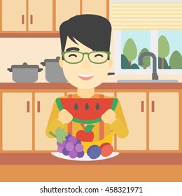 An asian man eating watermelon in front of table full of fresh fruits. Smiling young man holding a slice of watermelon in the kitchen. Vector flat design illustration. Square layout.
